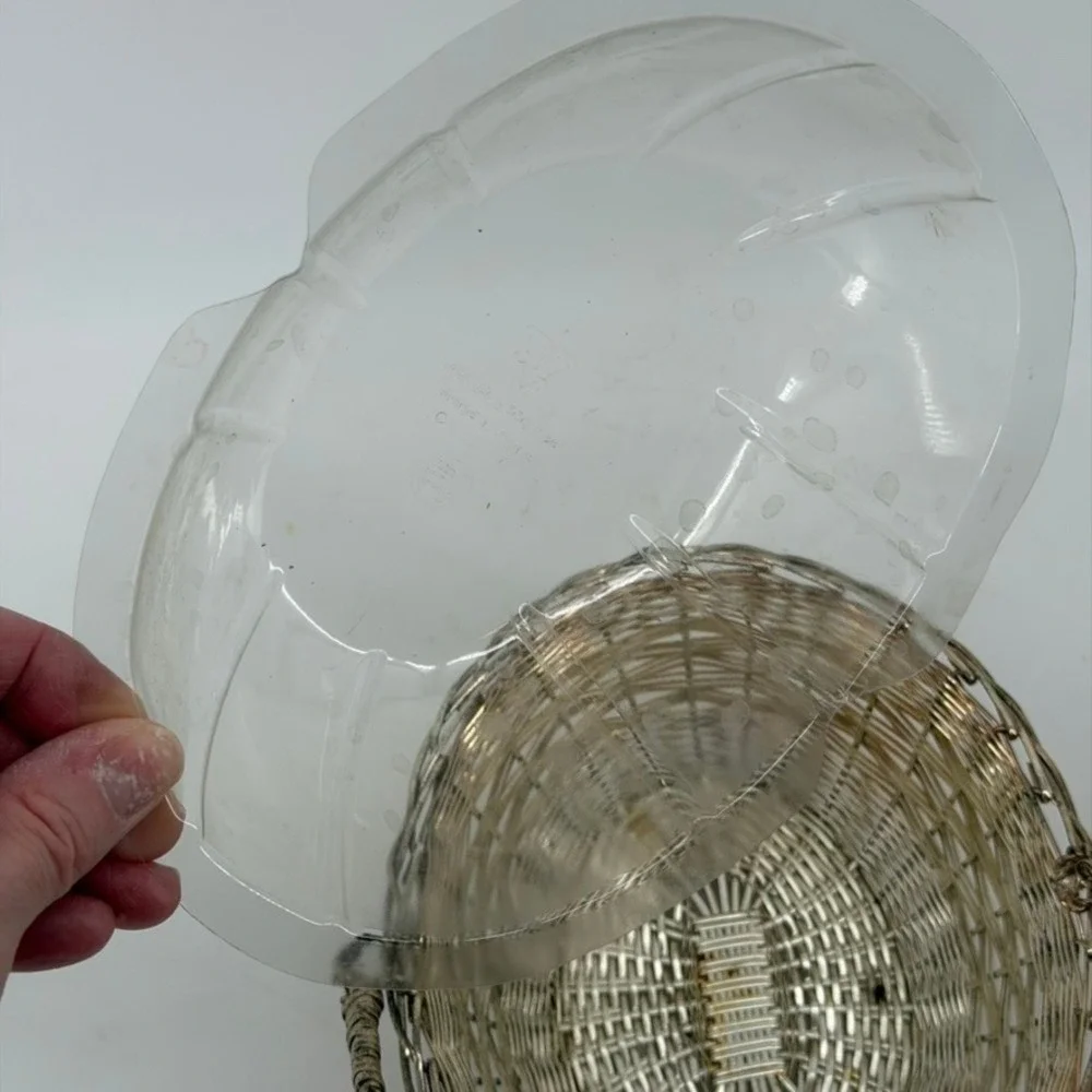 Vintage Silver Tone Woven Wire Oval Basket with Swing Handle and Liner